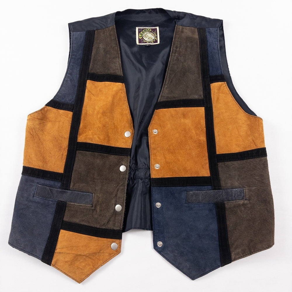 Learsi Patchwork Leather Vest Mens L Multicolor 70s Boho Western Hippie Festival